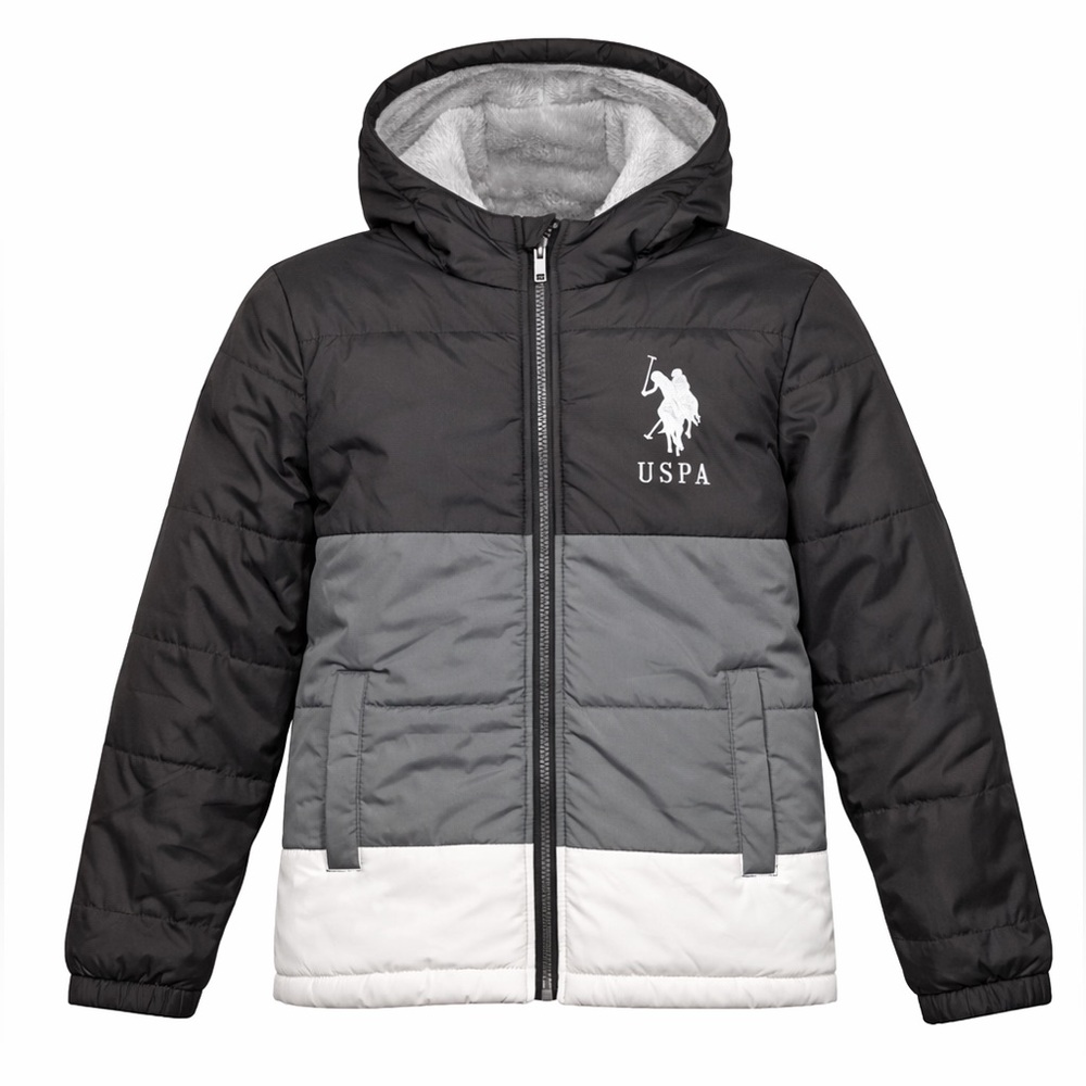 U.S. Polo Assn. Boys Hooded Puffer Jacket Colorblock Gray Black White S (6-7)